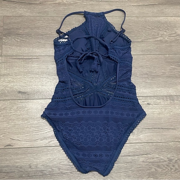 Becca by Rebecca Virture Women's Illusion HIgh Neck Swimsuit Navy Blue Sz M - Picture 3 of 9